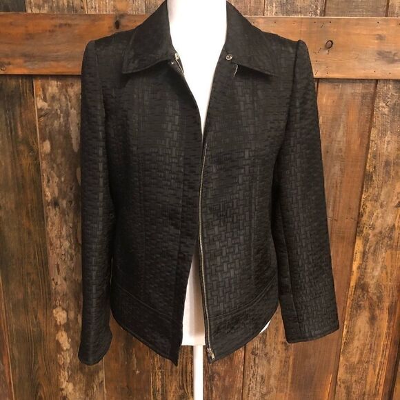 Alfani Sz S Classic Black Textured Zip-Up Career Work Office Suit Fitted Blazer - Picture 2 of 5